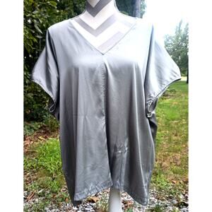 Eileen Fisher Silk V Neck Flowy Silver Gray Short Sleeve Blouse Top Shirt XL